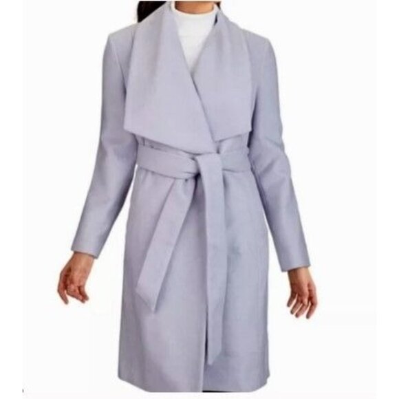 NWT Cole Haan Wool Blend Notch Lapel Longline Belted Coat Purple Women's Size 2 - Picture 1 of 8